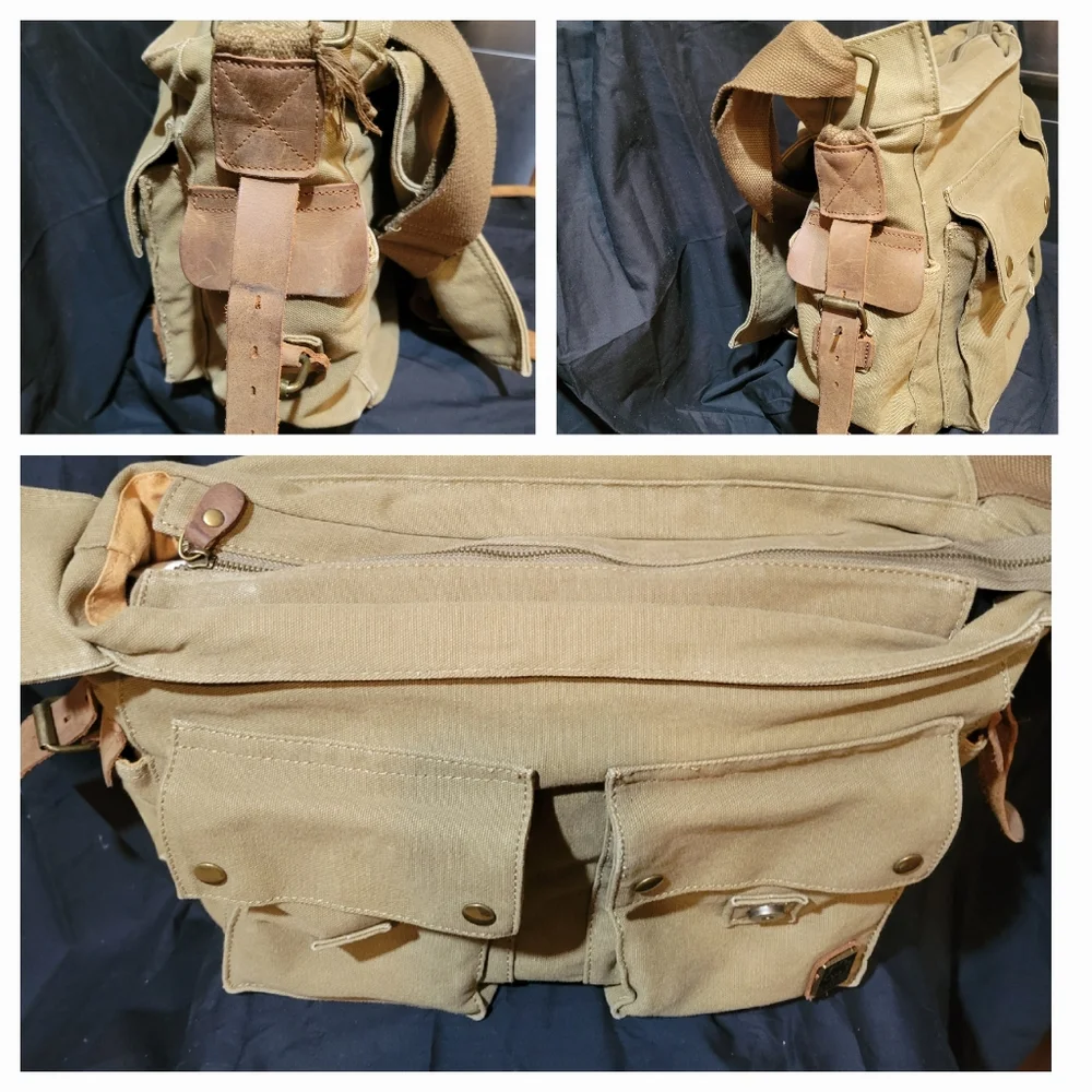 S.C. COTTON Tough Canvas Messenger Shoulder Bag Tan w/Brown Leather Accents
